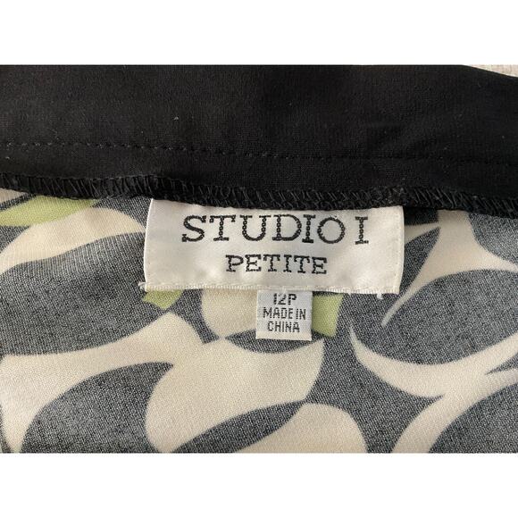 Studio I Petite Women's 12P Green Black White Abstract Print Dress - Picture 7 of 16